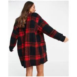 DKNY Sherpa Fleece Red Black Plaid Buffalo Check Open Cardigan Large NWT Fall